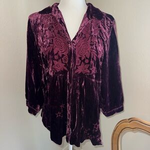 Johnny Was Velvet Top with Floral Embroidery - Deep Purple